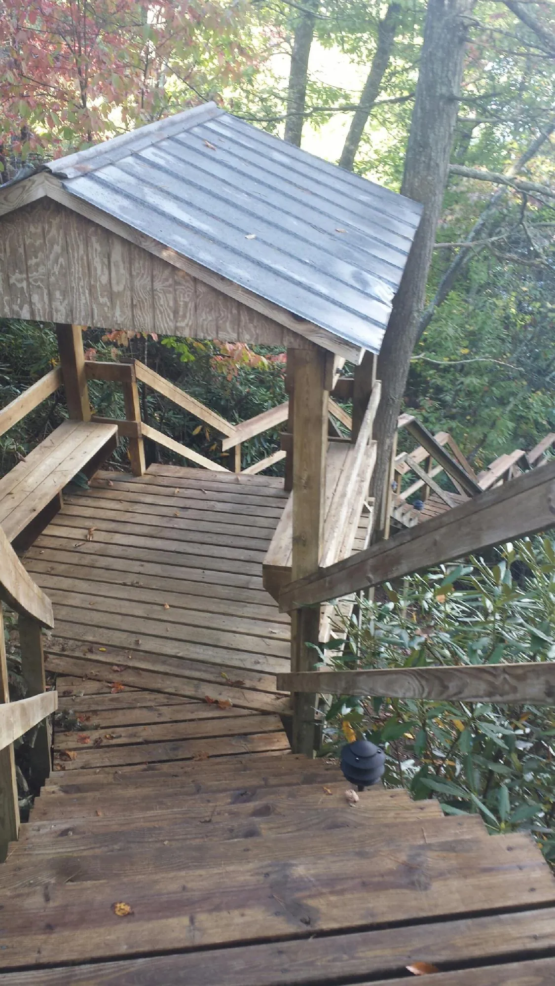 Metal roofed shelter over wooden steps on a wooded walkway — Skylight Repair & Installation work by our crew in Lake Helen